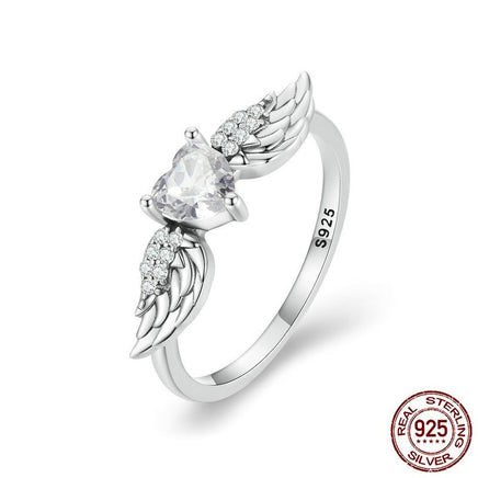 Zircon Simple Sterling Silver S925 Heart Wings Ring - Sterling Hearts