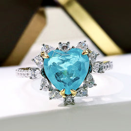 European And American Paraiba Heart-shaped Ring Women - Sterling Hearts