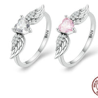 Zircon Simple Sterling Silver S925 Heart Wings Ring - Sterling Hearts