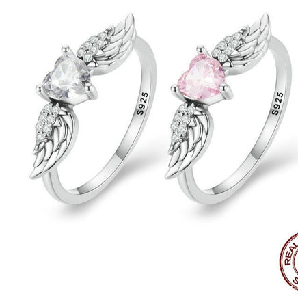 Zircon Simple Sterling Silver S925 Heart Wings Ring - Sterling Hearts