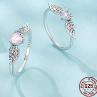 Zircon Simple Sterling Silver S925 Heart Wings Ring - Sterling Hearts