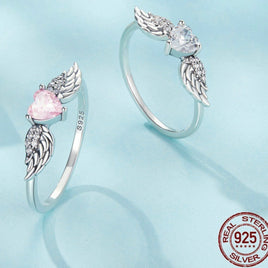 Zircon Simple Sterling Silver S925 Heart Wings Ring - Sterling Hearts